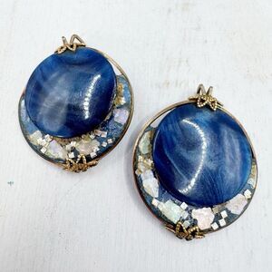 Vtg Slide On Wingback Earrings Blue Iridescent  Lucite Stone Mosaic Gold Setting